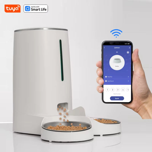 Wifi Automatic Cat Feeders for 2 Cats, 4L Cat Food Dispenser with APP Control, Double Stainless Steel Bowls, Low Food Alarms